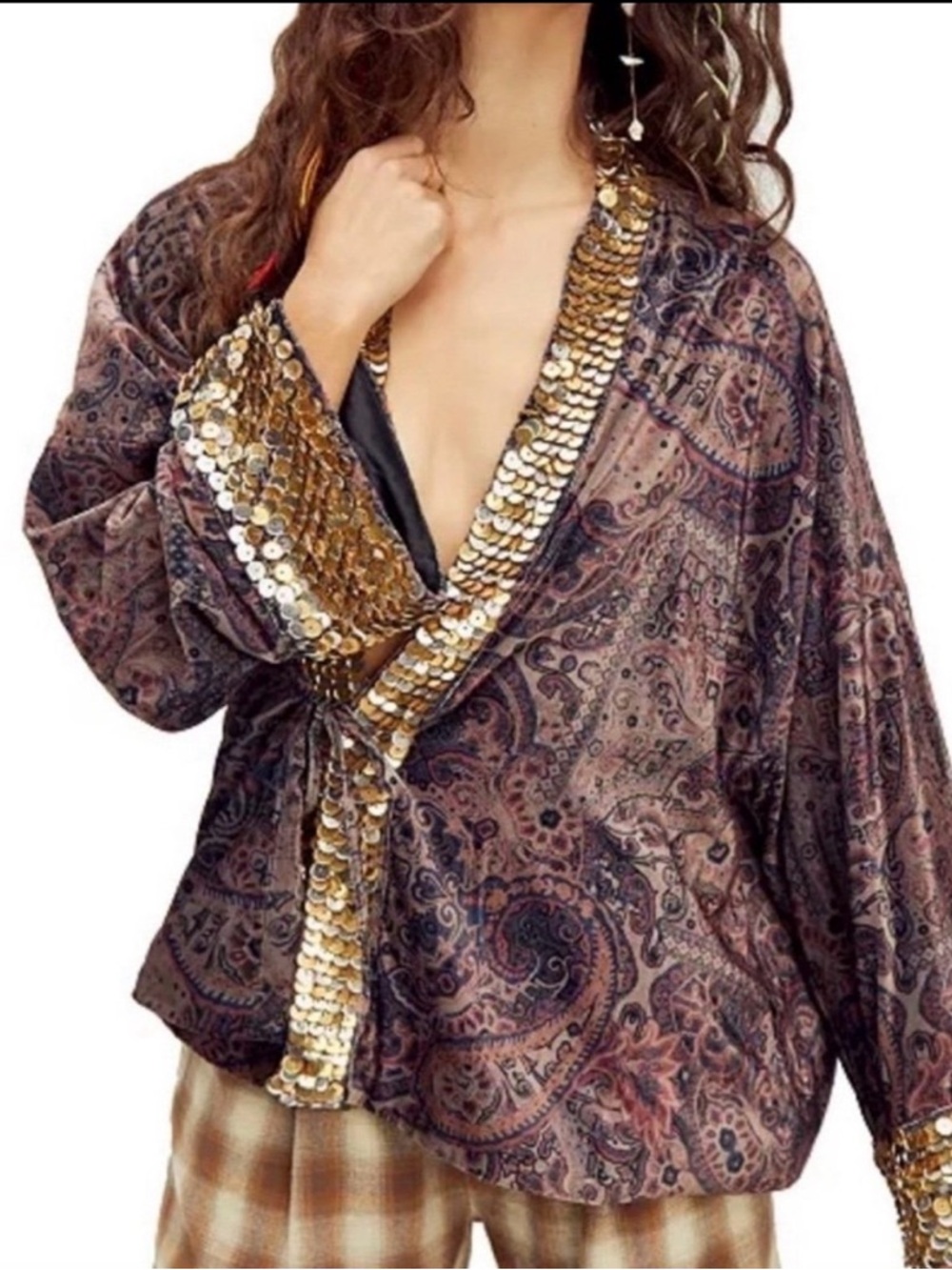 FREE PEOPLE Layla Embellished Kimono Jacket Sm Washed Black Sequin Velvet “L”